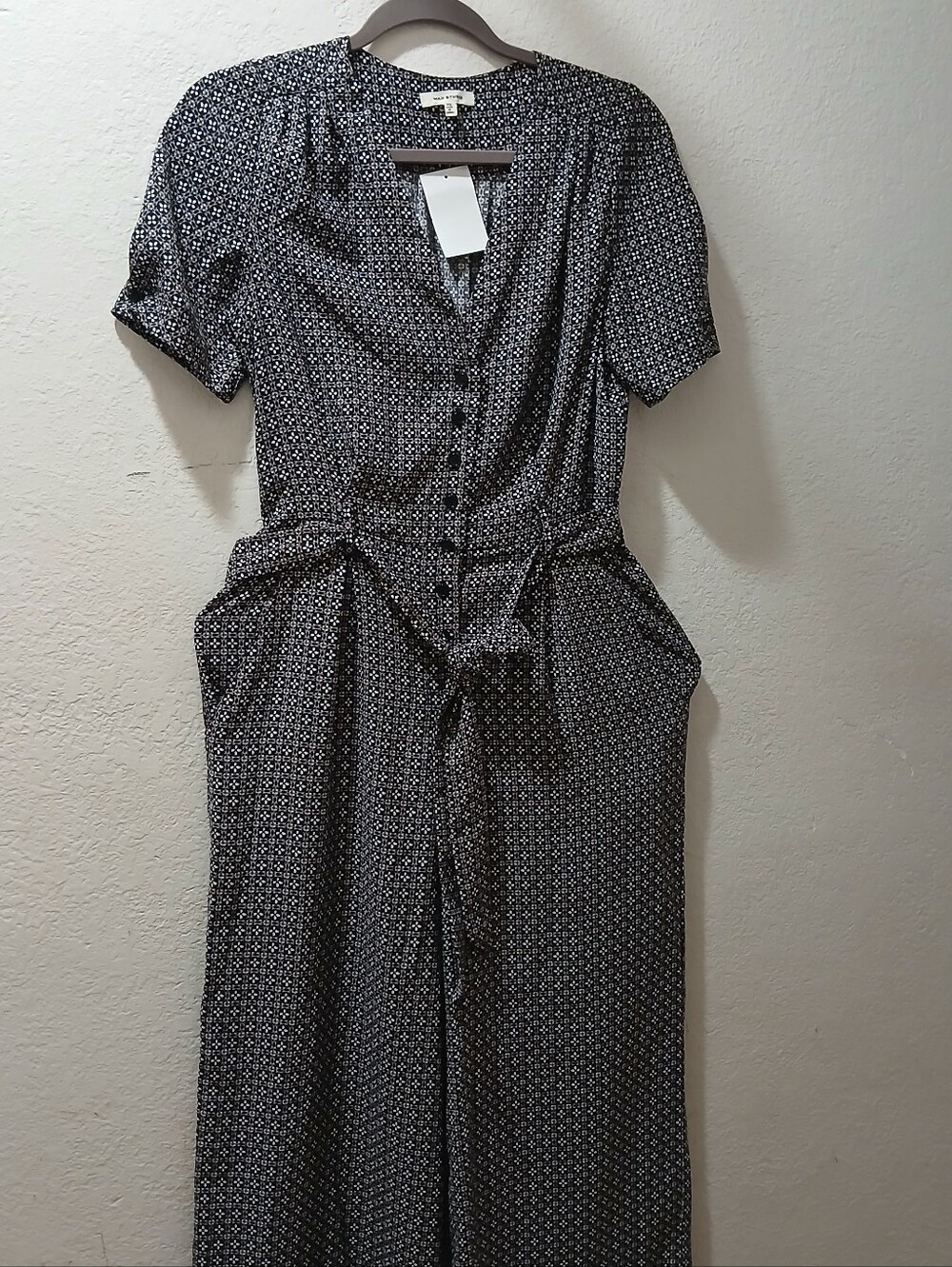 New Max Studio size XS Black Micro-Print Midi Dress with Tie Waist